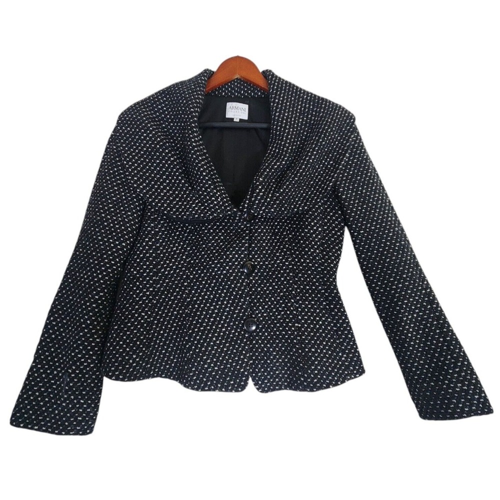 Armani Collezioni Virgin Wool Tweed Shawl Collar Jacket Sz 8 Black Blazer Italy